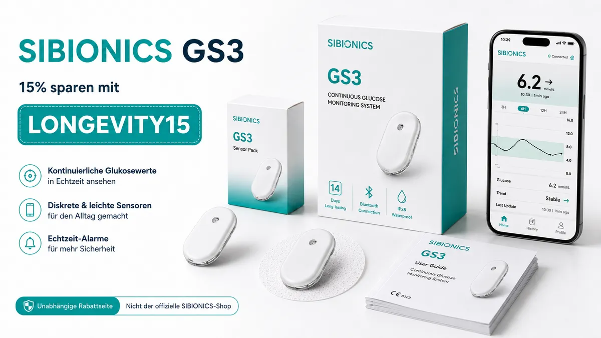 SIBIONICS GS3 CGM Sensor mit Verpackung, App-Ansicht und Rabattcode LONGEVITY15